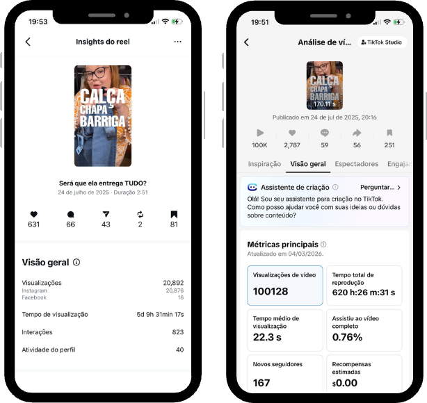 Prints reais de insights do Reels e do TikTok Studio